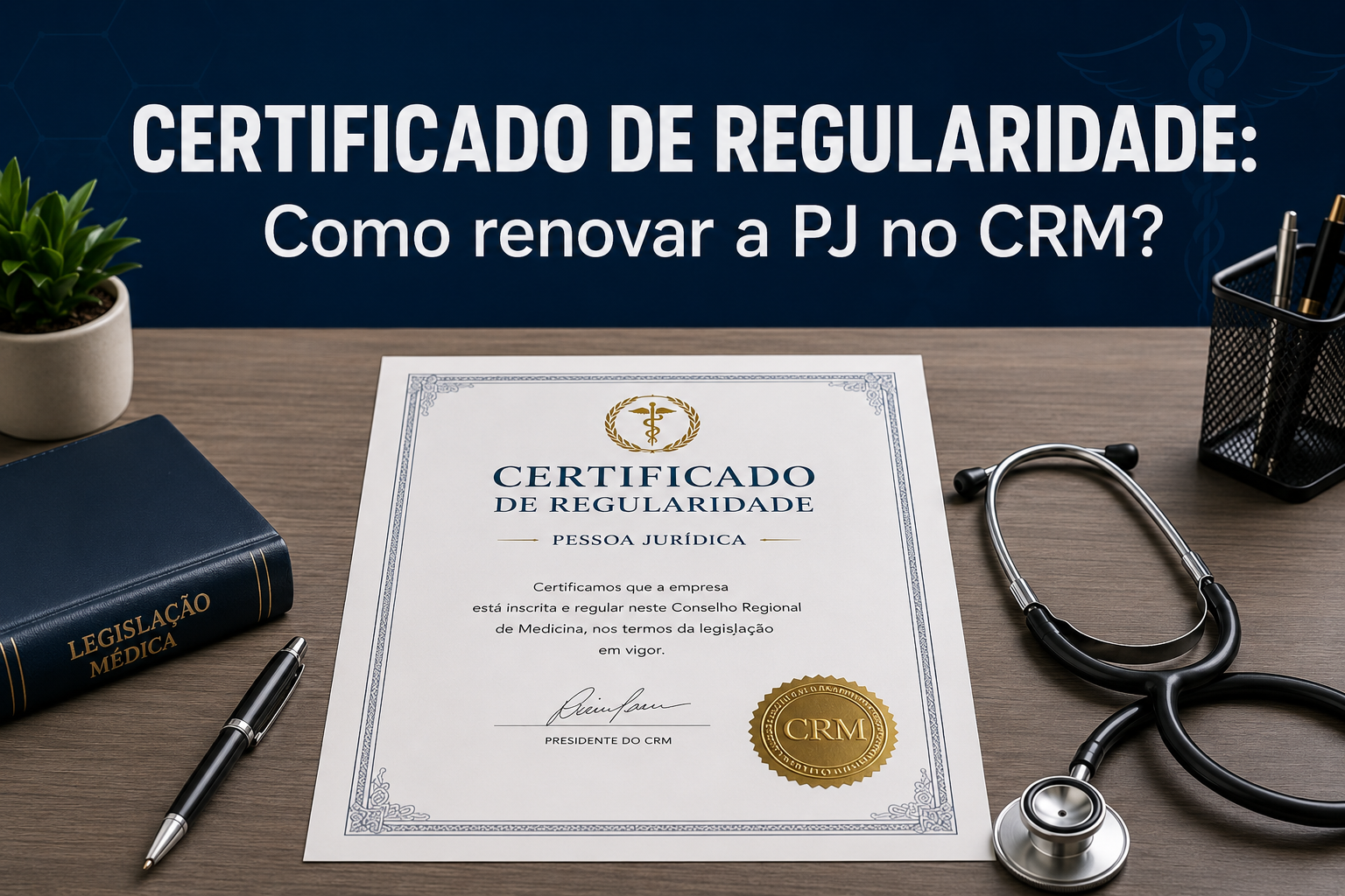 Certificado oficial impresso sobre uma mesa de escritório médico ao lado de um estetoscópio e uma caneta profissional.
