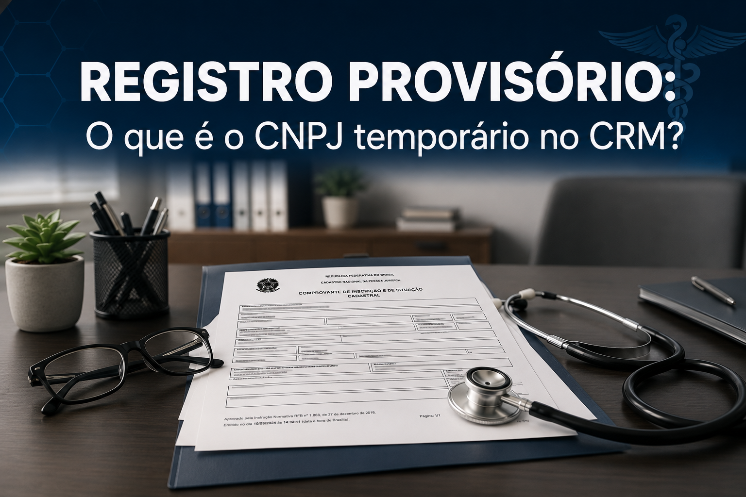 Documentos de abertura de empresa médica sobre uma mesa com um carimbo de "Provisório", óculos e um estetoscópio ao lado.