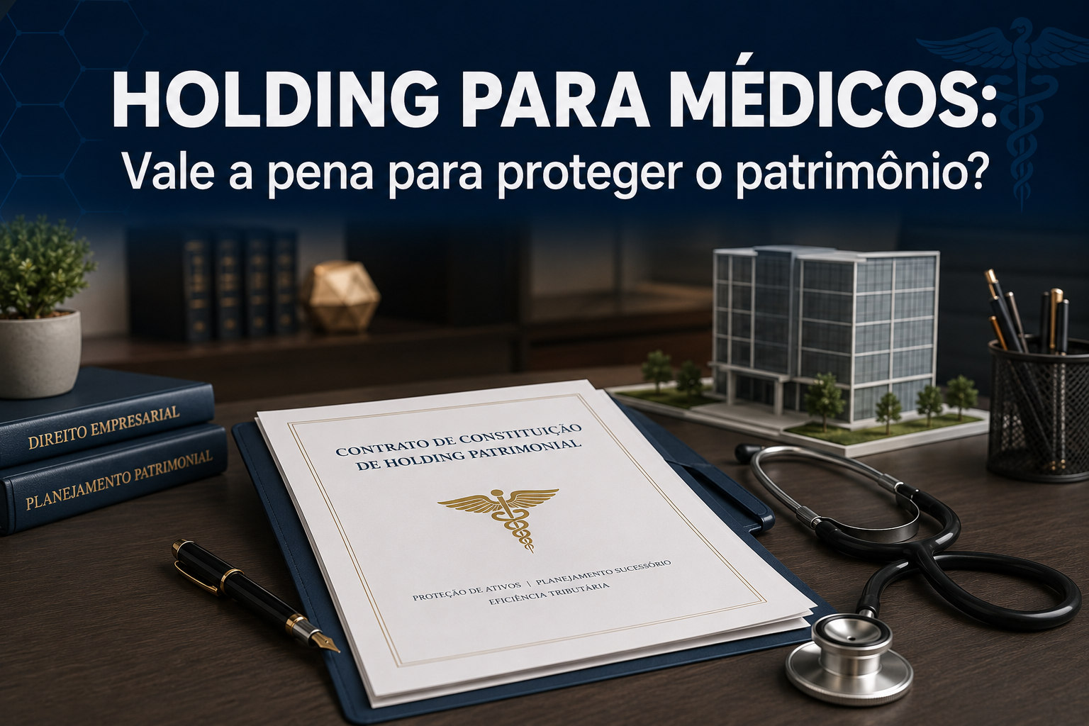 Médico sênior de jaleco analisando documentos de planejamento patrimonial de holding familiar ao lado de um estetoscópio e maquete de imóveis.