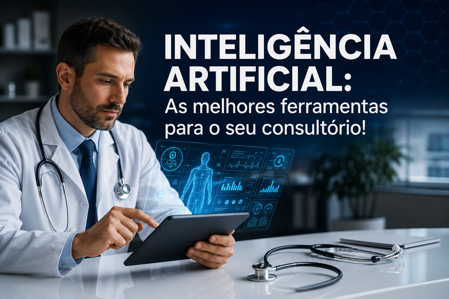 Médico utilizando inteligência artificial em um tablet para analisar dados de saúde de paciente no consultório.