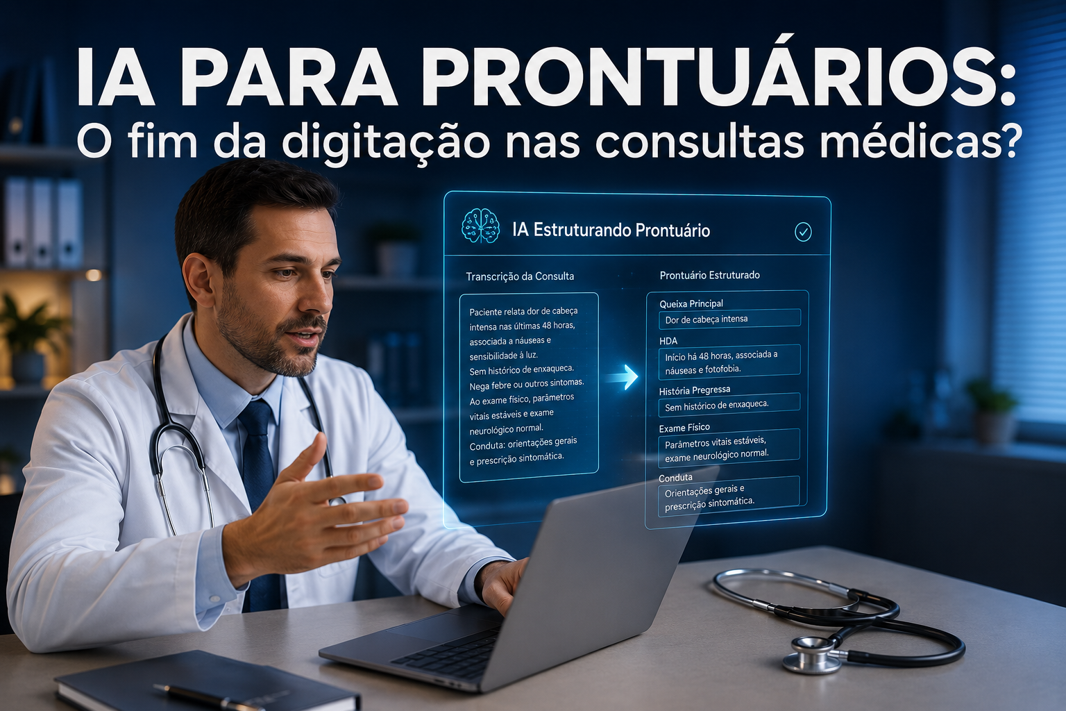 Médico em atendimento digitando em notebook com interface digital de inteligência artificial otimizando o prontuário eletrônico.