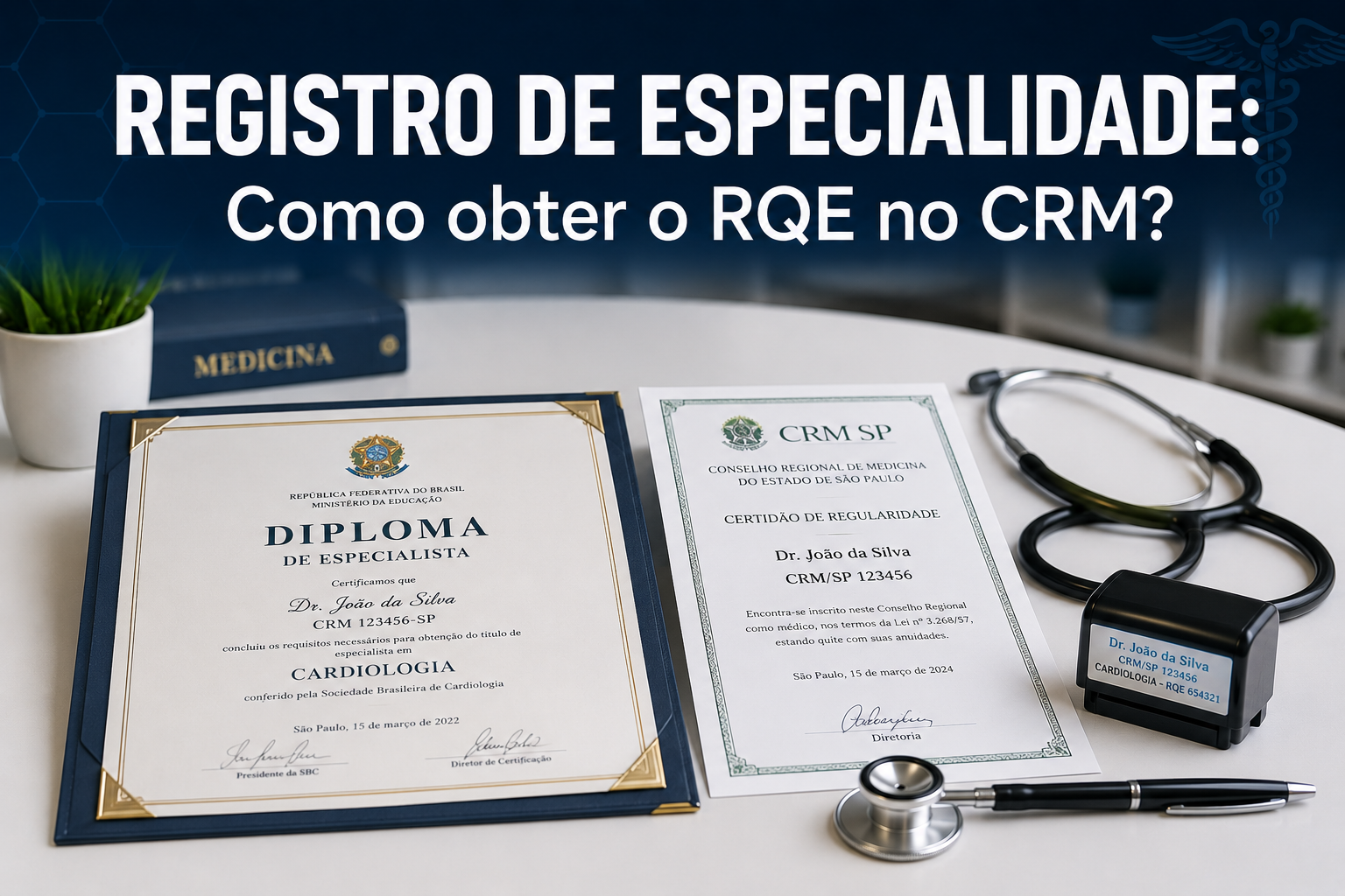 Médico com carimbo profissional em mãos oficializando documentos de registro de especialidade sobre a mesa do consultório.