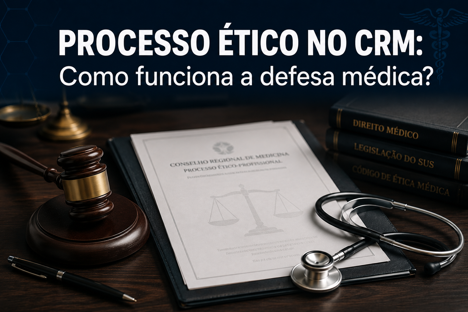 Martelo de juiz sobre mesa de madeira escura ao lado de um estetoscópio e documentos legais de direito médico.