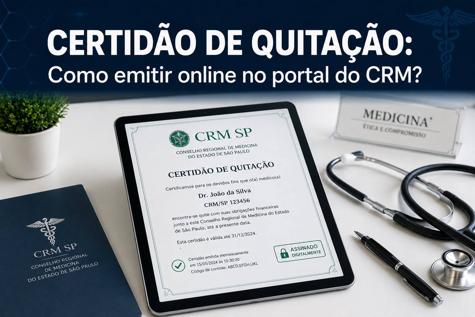 Médico analisando certidão de quitação em formato digital na tela de um tablet moderno sobre a mesa de trabalho.