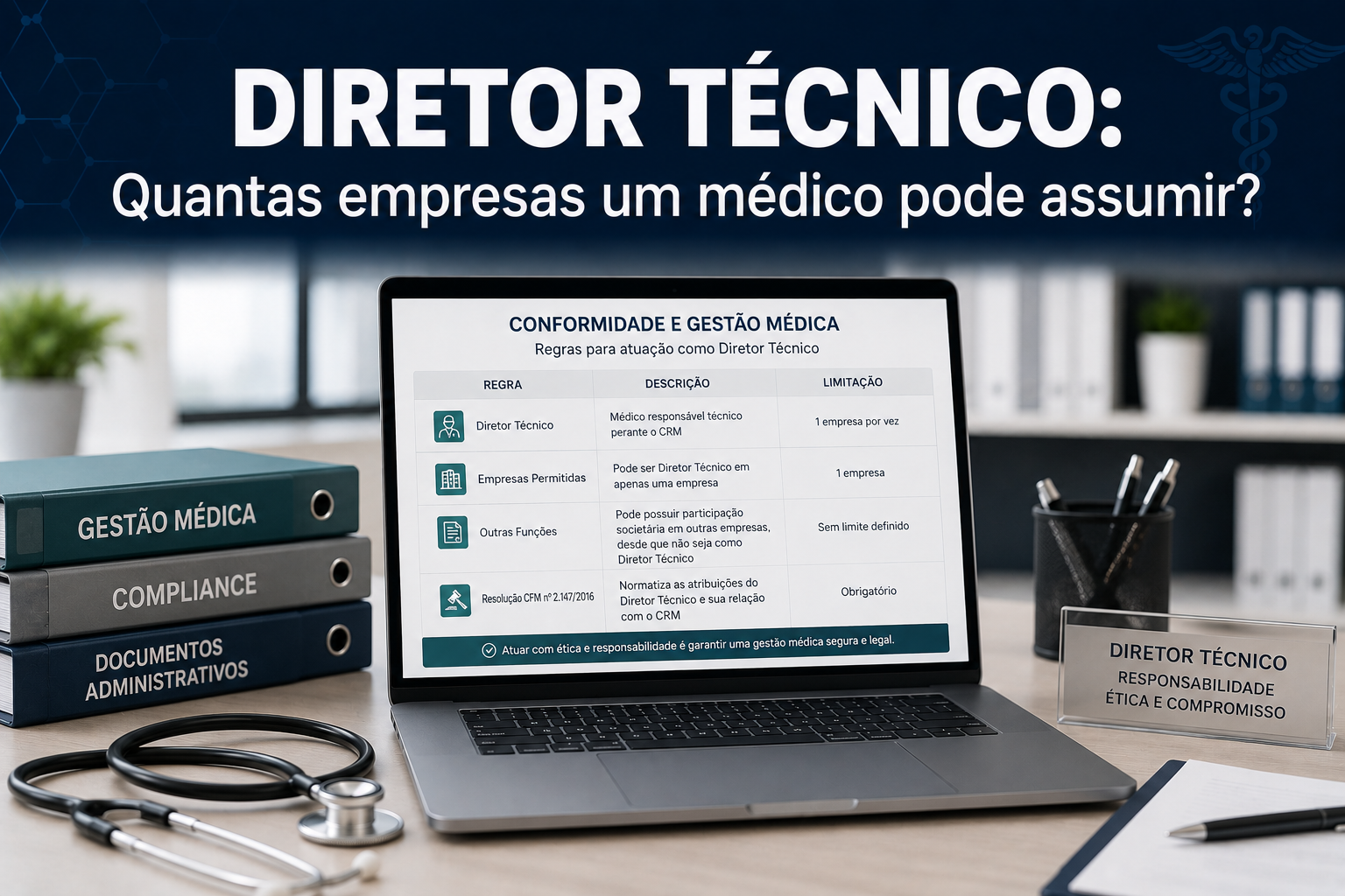Médico gestor analisando organograma de responsabilidade técnica em notebook dentro de escritório de diretoria hospitalar.