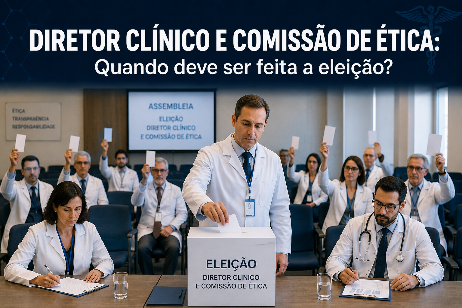 Médicos reunidos em auditório de hospital participando de votação formal para a escolha do diretor clínico.