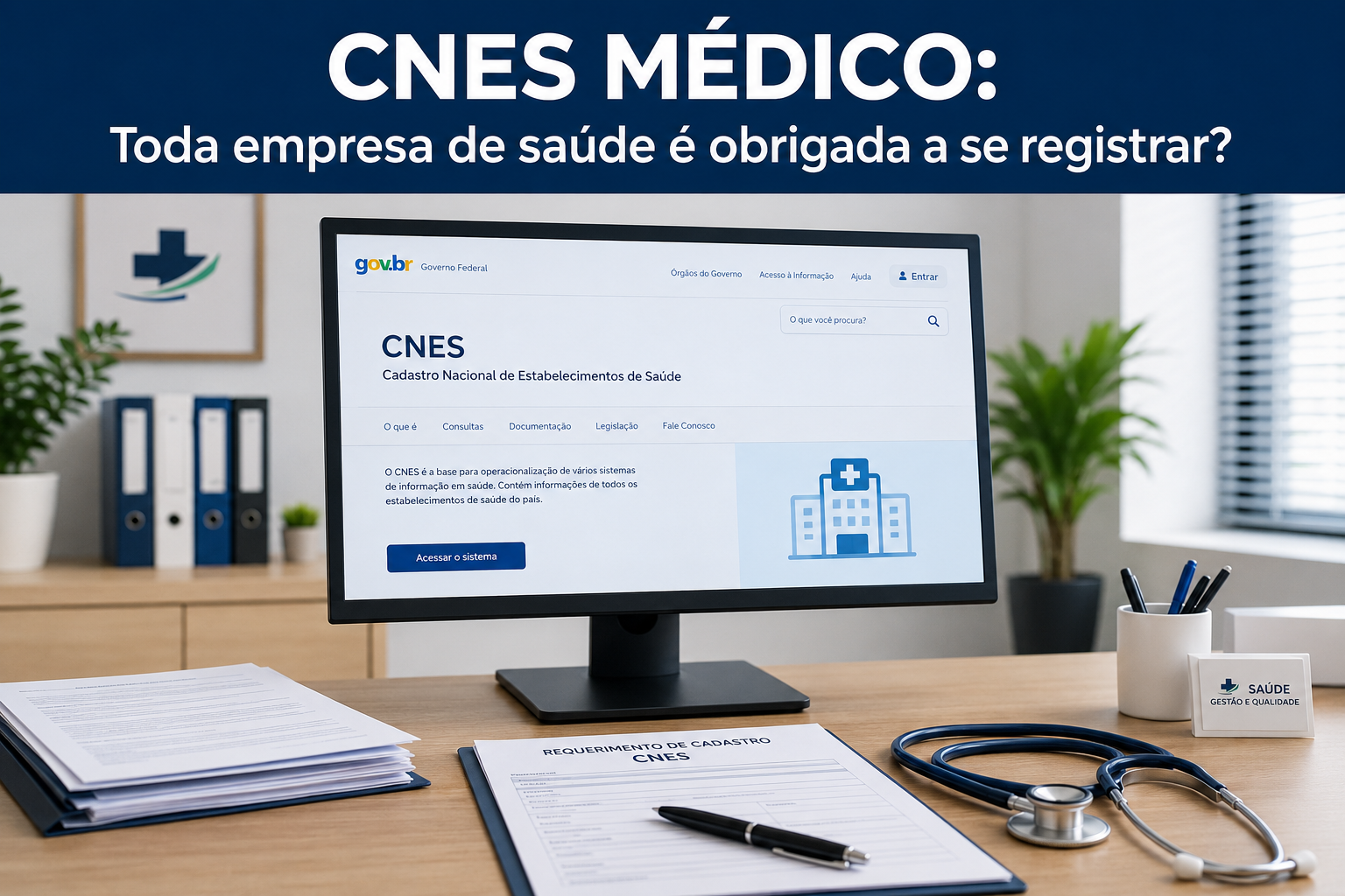 Médico gestor preenchendo formulário de cadastro oficial do CNES em computador de consultório moderno.