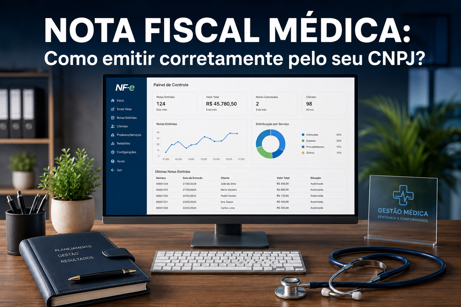Médico em frente ao computador preenchendo dados de emissão de Nota Fiscal Eletrônica (NF-e) de serviços médicos em escritório.