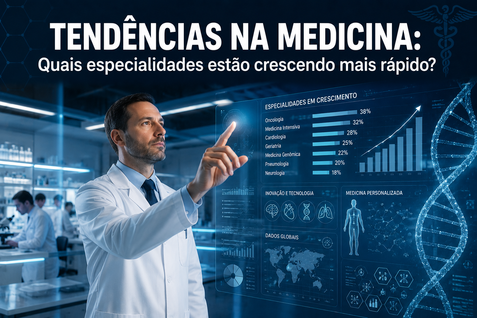 Médico especialista em ambiente tecnológico de ponta, analisando dados de crescimento e tendências da medicina moderna em um painel digital.