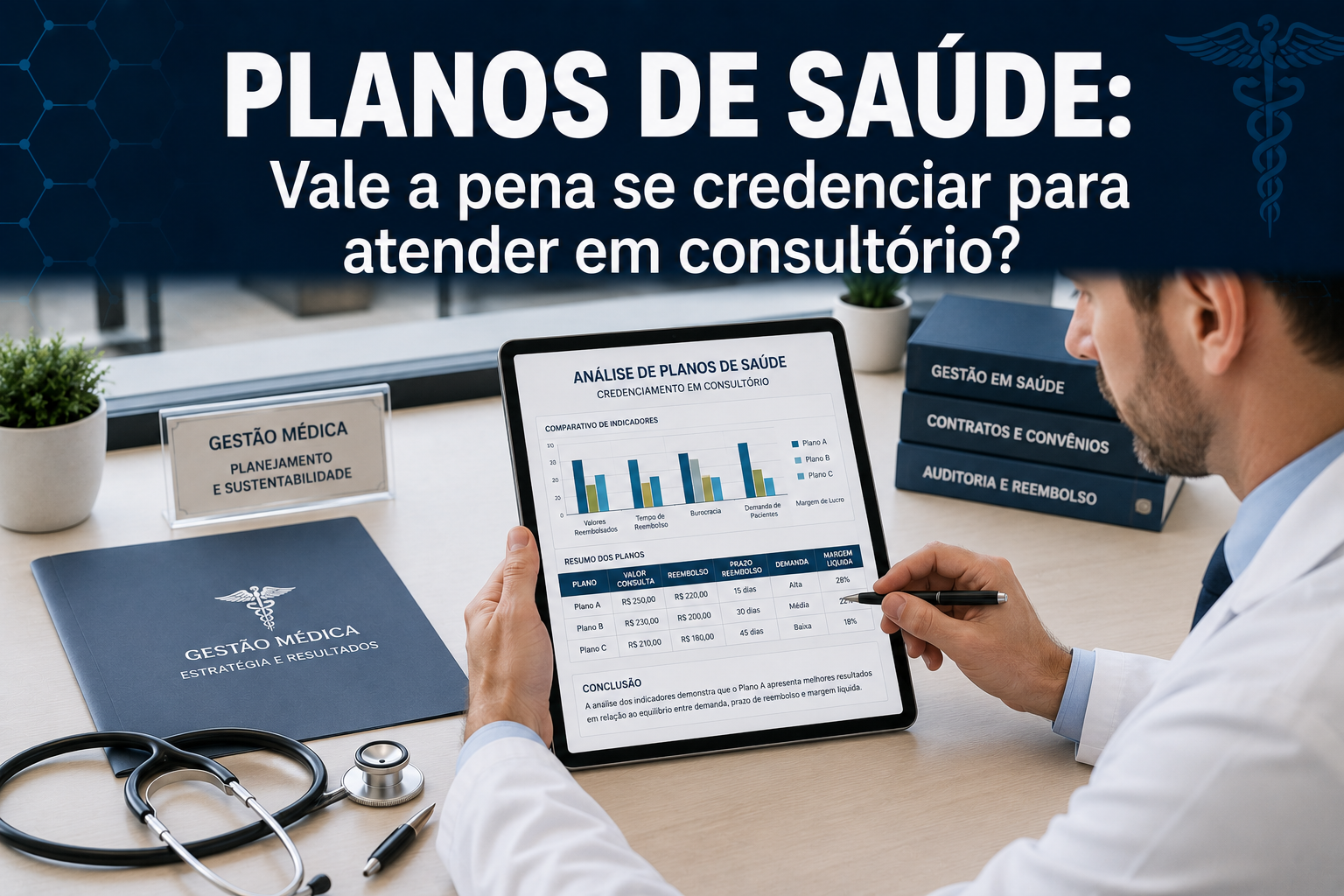 Médico em seu consultório analisando guias de autorização de planos de saúde e tabelas de faturamento sobre a mesa.