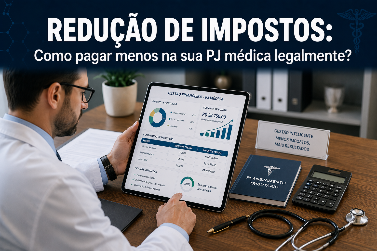 Médico gestor analisando gráficos de planejamento tributário e redução de impostos corporativos em um tablet em seu escritório.
