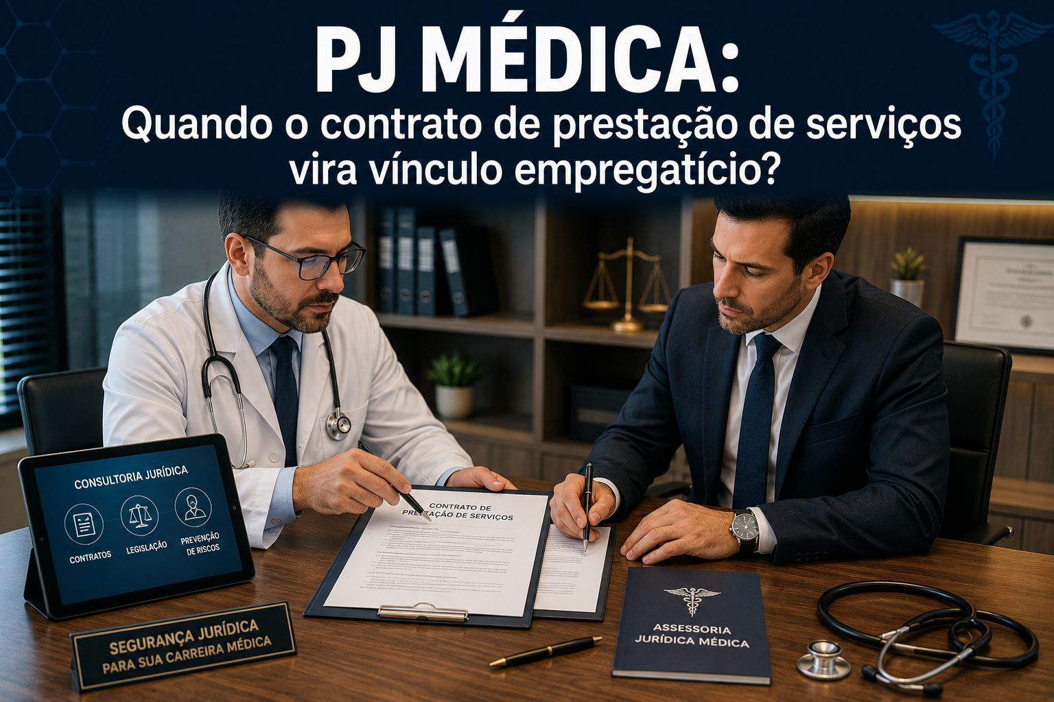 Advogado e médico revisando juntos um contrato de prestação de serviços PJ sobre a mesa do consultório.