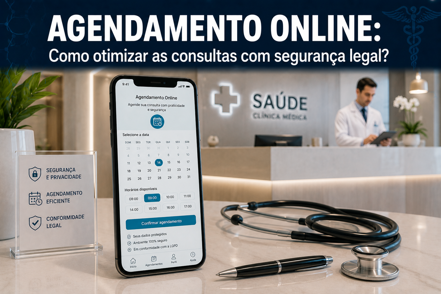 Paciente sorrindo ao celular usando um aplicativo de agendamento online para marcar uma consulta médica.