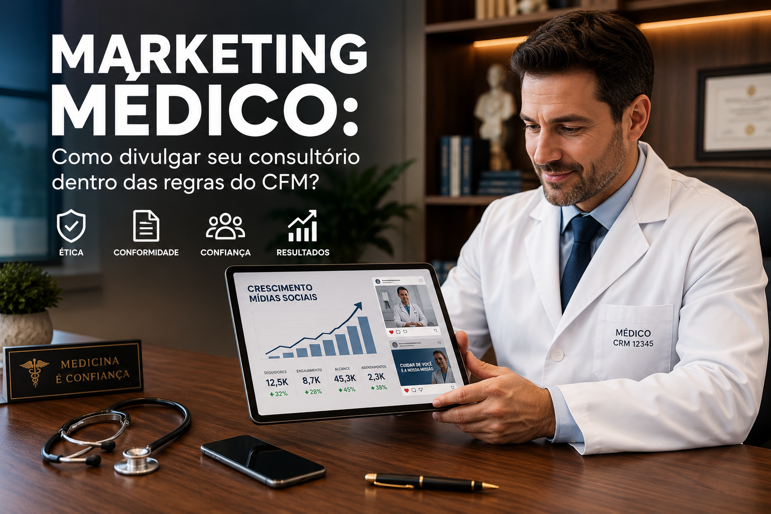 Médico planejando sua estratégia de marketing digital em um tablet corporativo dentro de um consultório moderno.
