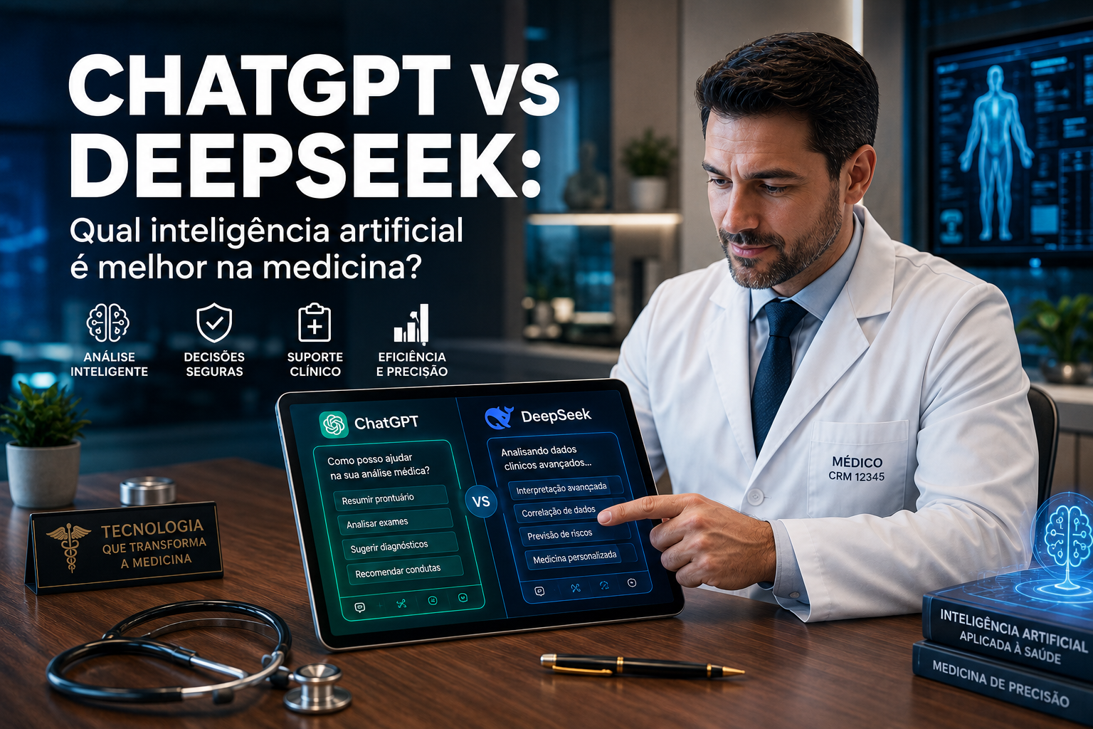 Médico em seu consultório comparando duas interfaces de inteligência artificial em um tablet e um notebook sobre a mesa.