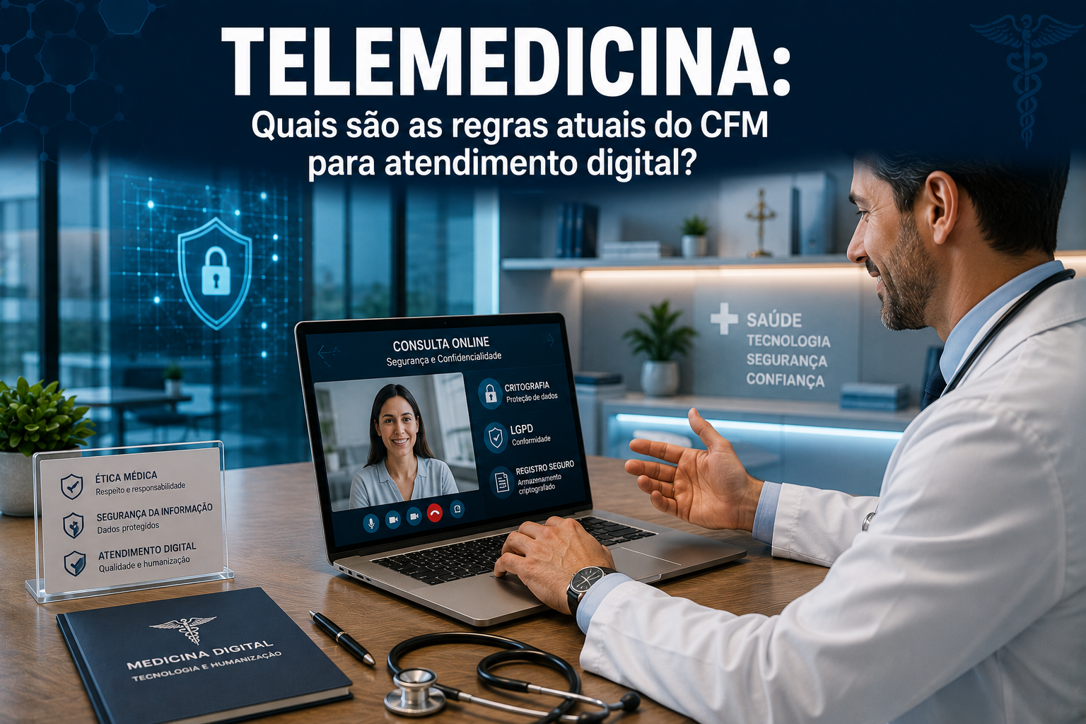 Médico realizando uma consulta de telemedicina por videochamada em um notebook com gráficos digitais na tela de um consultório moderno.