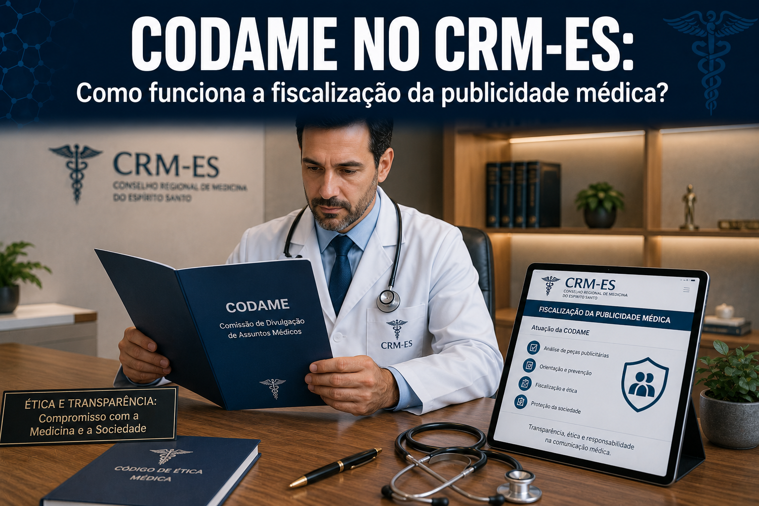 Médico em seu escritório analisando as diretrizes de fiscalização de publicidade médica da Codame sobre a mesa do consultório.