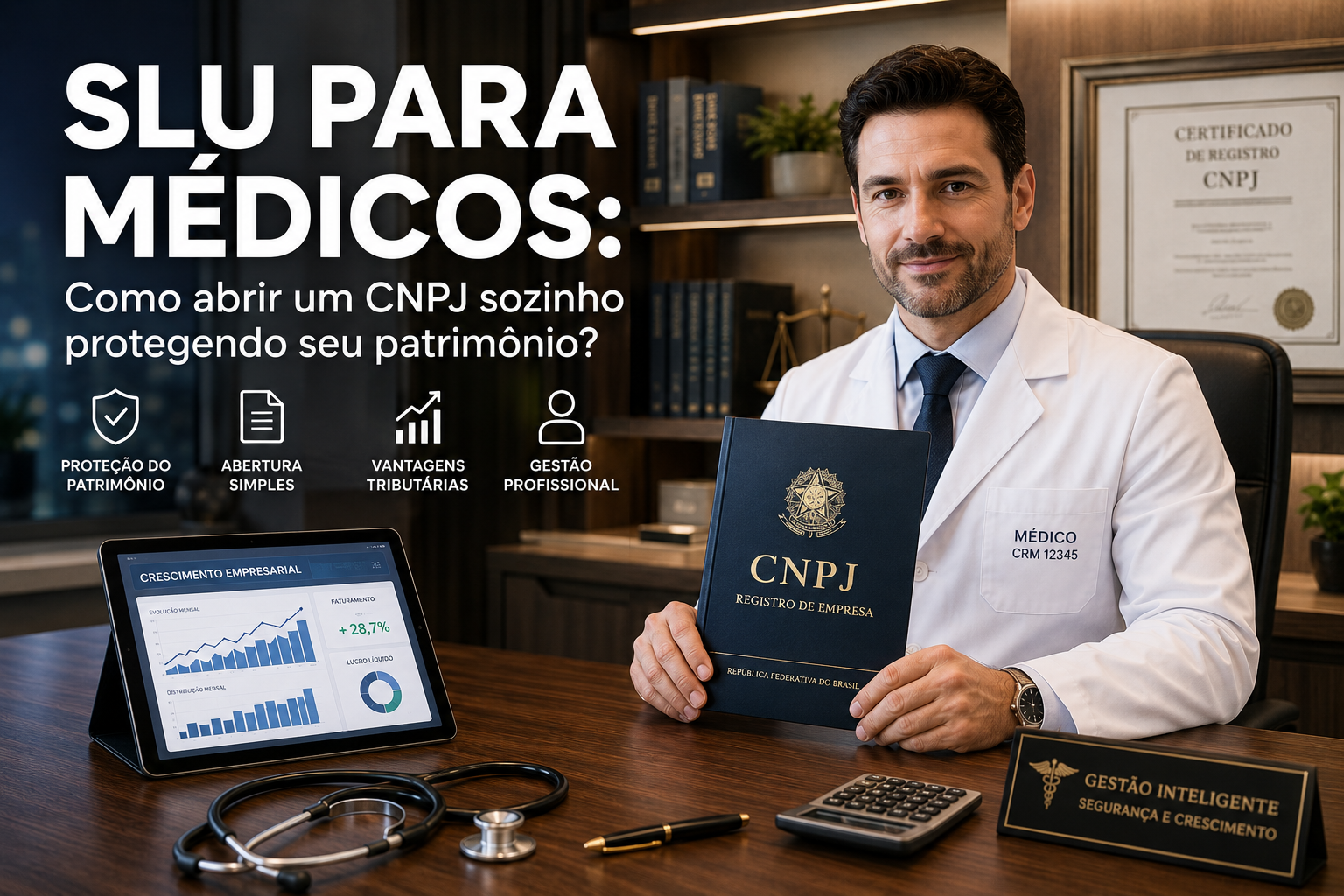 Médico em seu escritório analisando o contrato de abertura de uma Sociedade Limitada Unipessoal (SLU) para sua clínica.