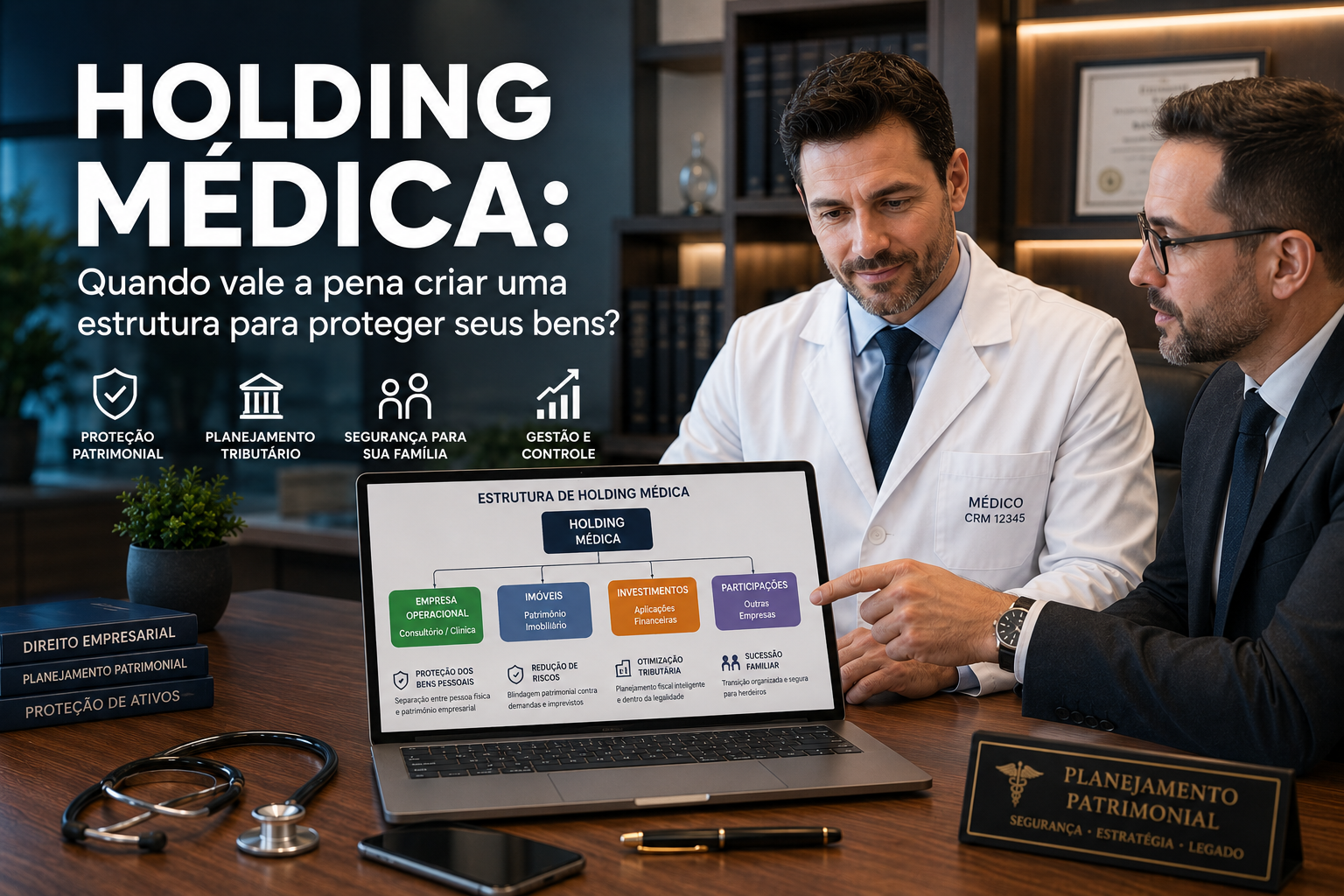 Médico e consultor financeiro analisando o organograma de uma holding médica sobre a mesa do escritório.