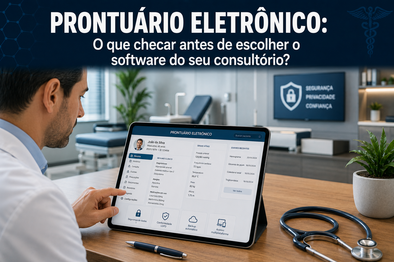 Médico em seu consultório utilizando um software de prontuário eletrônico seguro em um tablet moderno