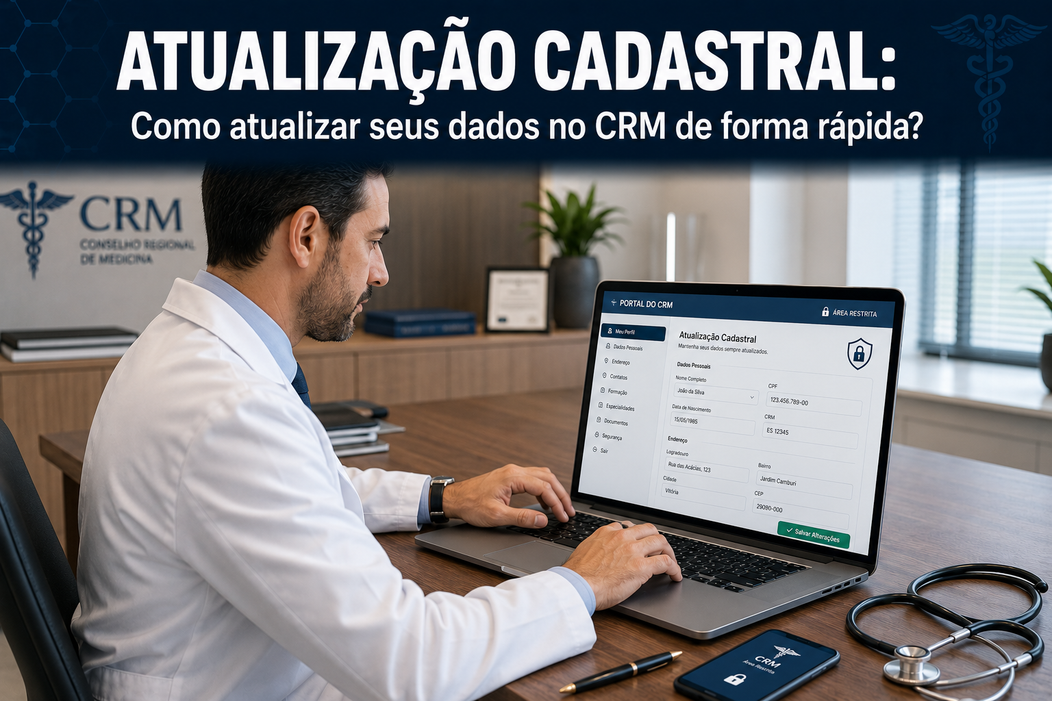 Médico atualizando suas informações cadastrais e dados de contato no portal online do CRM em um notebook.