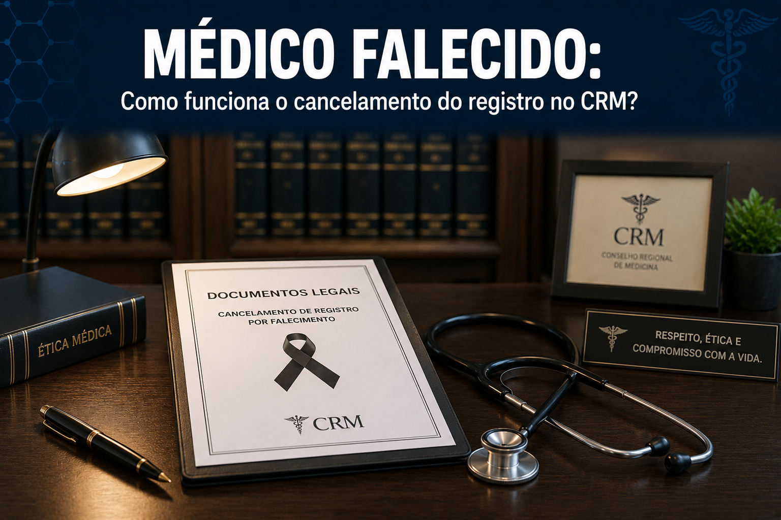 Um ambiente corporativo sereno e respeitoso, mostrando documentos profissionais organizados e uma caneta clássica sobre uma mesa de escritório de madeira.
