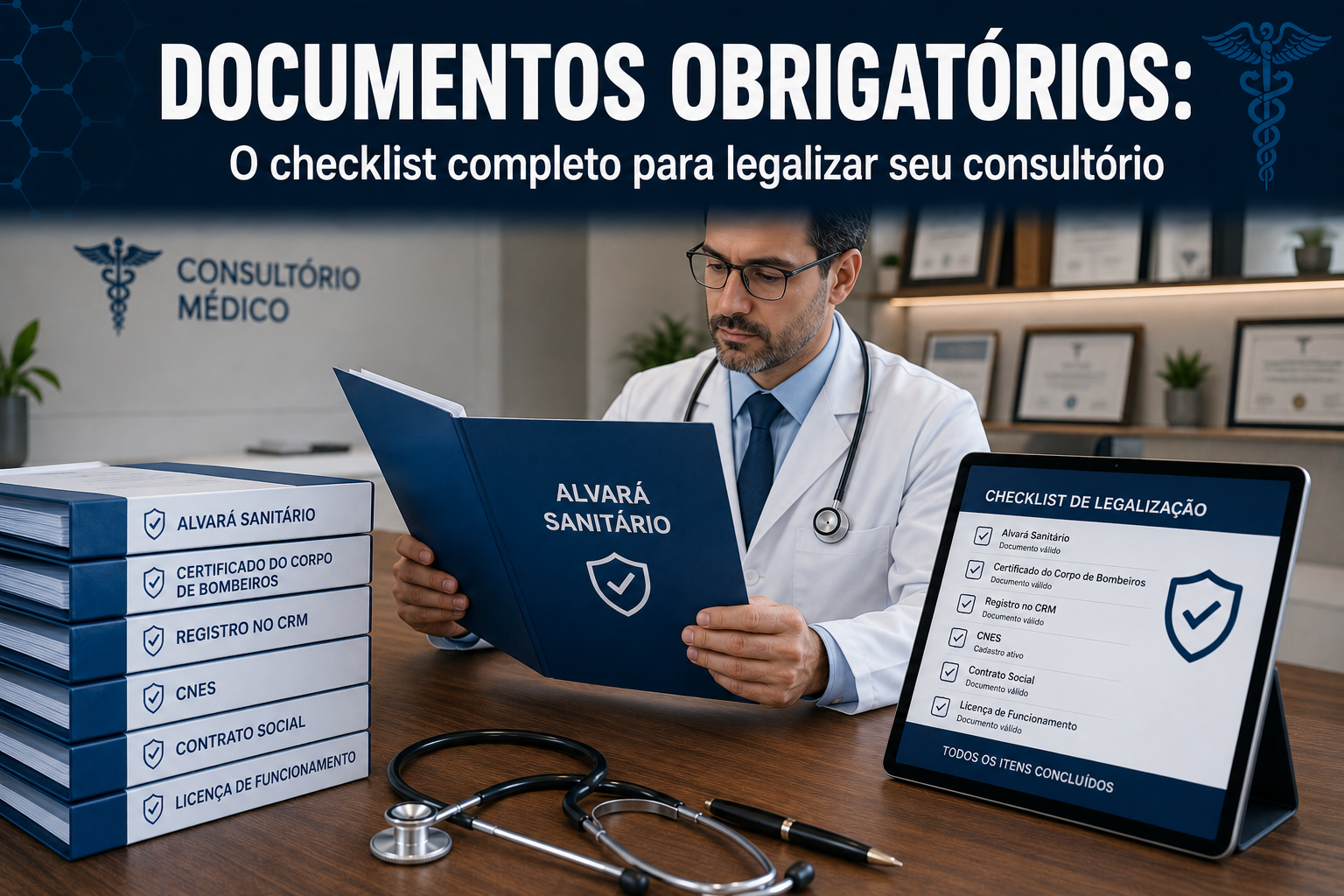 Médico organizando pastas de documentos obrigatórios e alvarás sobre a mesa de um consultório moderno.