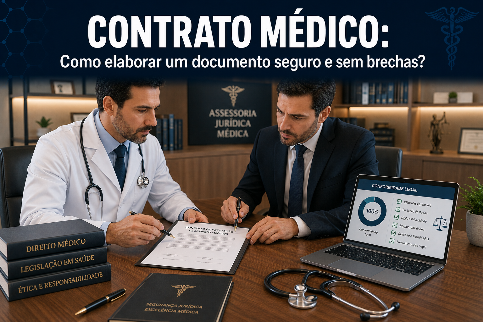Médico e advogado revisando e assinando um contrato de prestação de serviços médicos sobre uma mesa de reuniões.