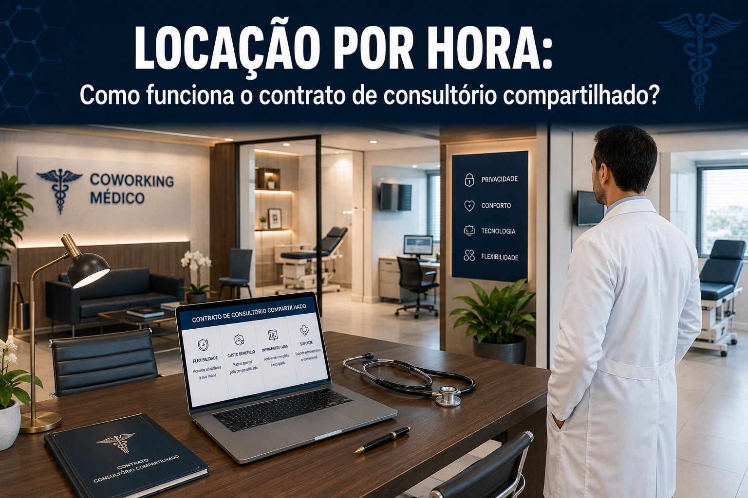 Médico analisando uma sala de consultório médico compartilhado moderno de alta tecnologia por hora.