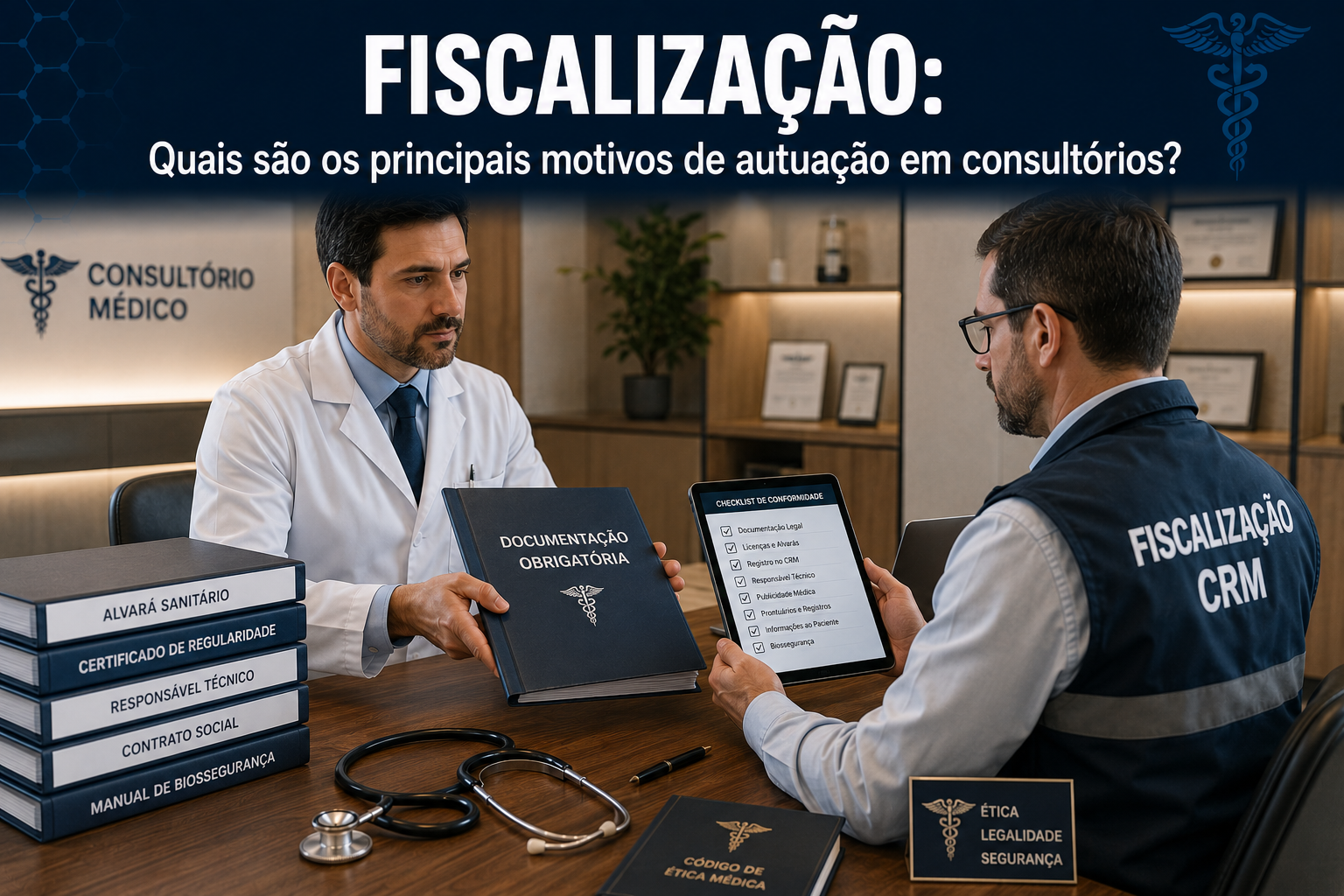 Fiscais realizando uma vistoria técnica e analisando documentos de conformidade regulatória em um consultório médico.