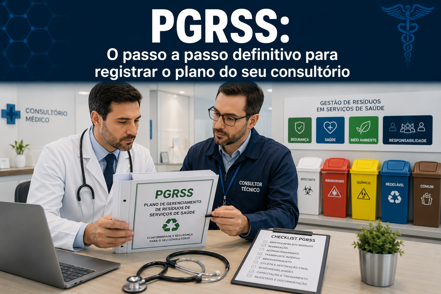 Médico e consultor ambiental analisando as pastas e as lixeiras de descarte correto do PGRSS em uma clínica de saúde.