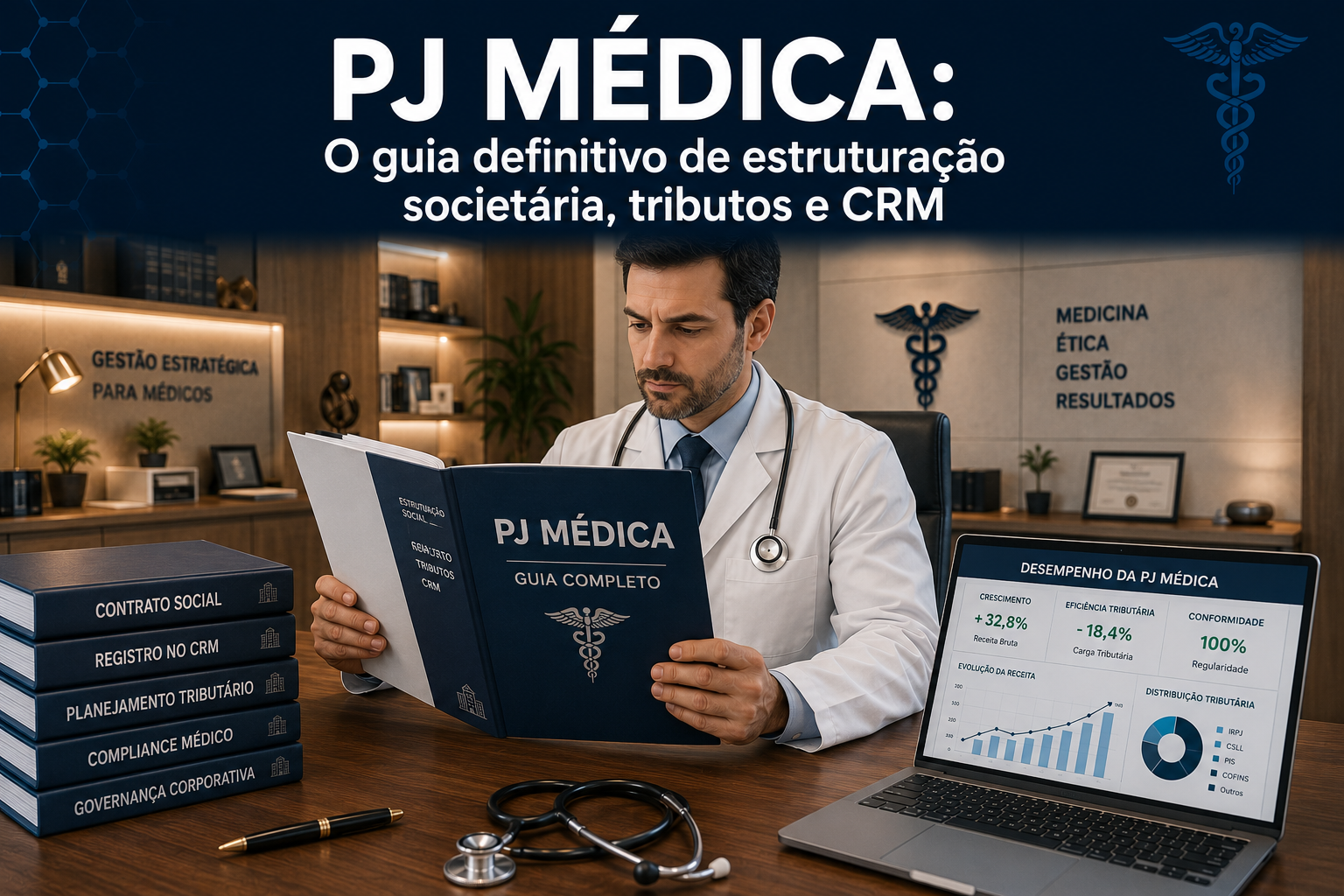 Médico em seu consultório analisando documentos societários e gráficos financeiros de sua PJ médica sobre a mesa.