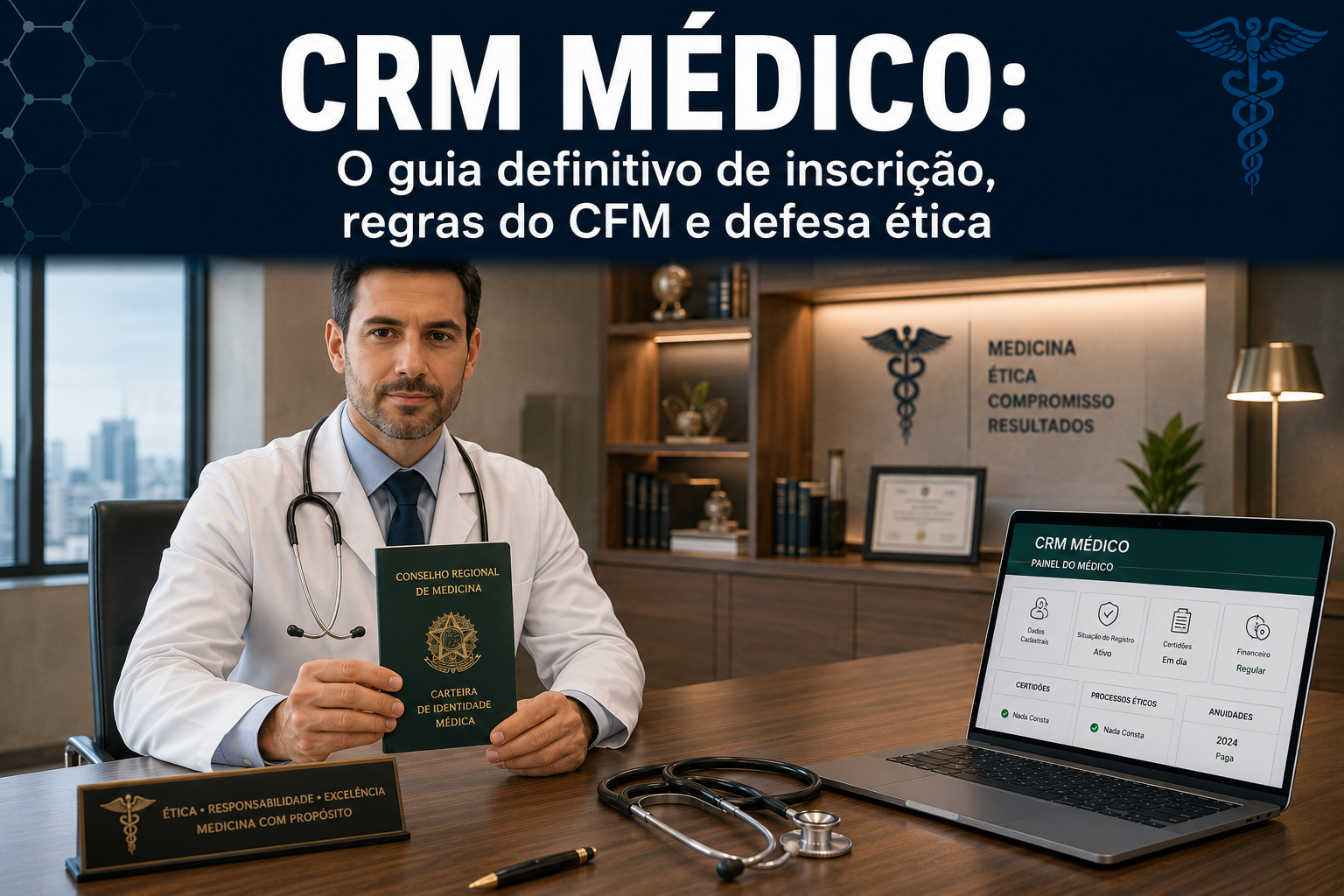 Médico segurando sua carteira profissional de médico (CPM) em frente a um notebook exibindo o portal de serviços do CRM.