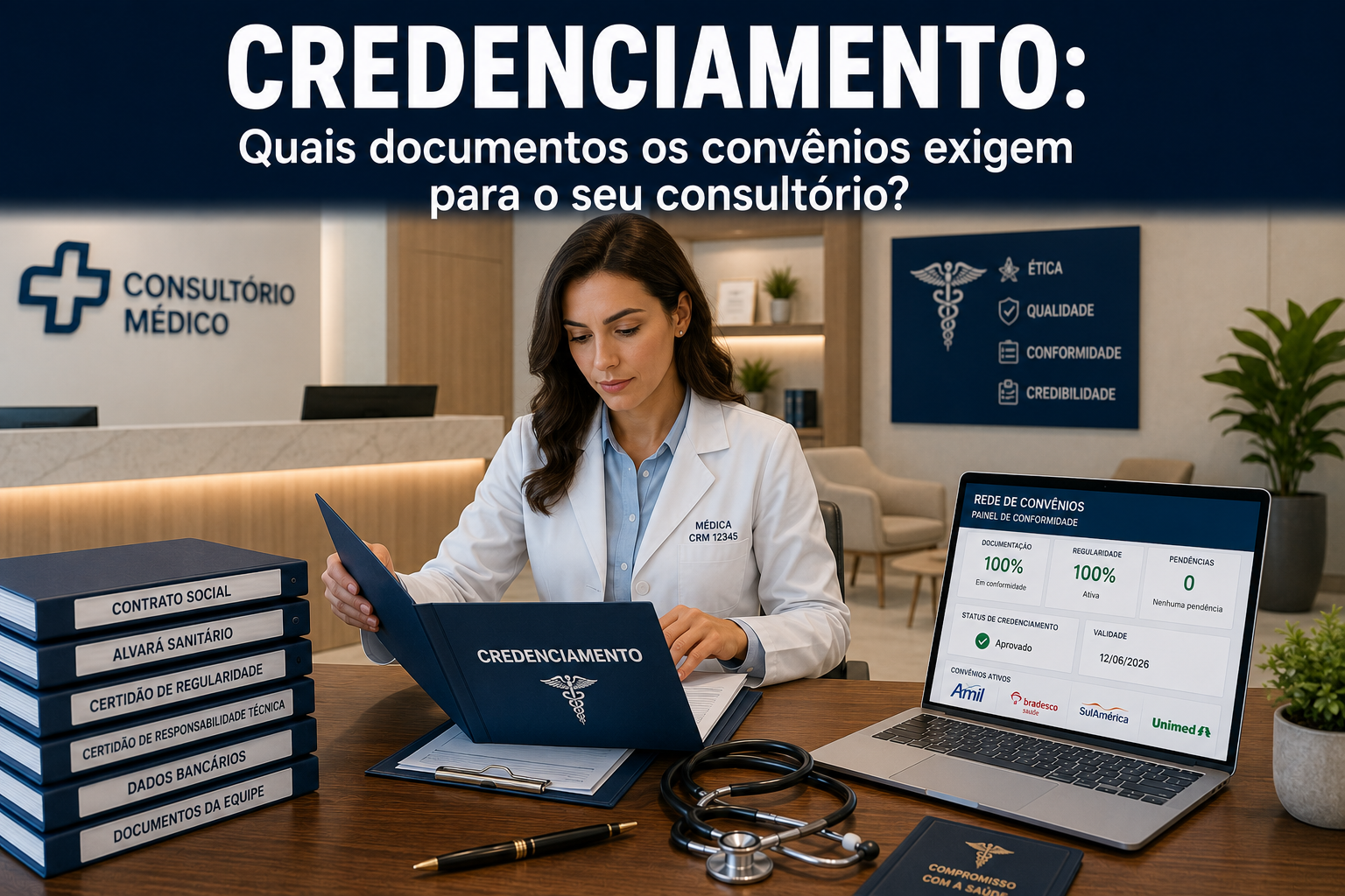 Médica assinando documentação oficial de credenciamento com operadoras de planos de saúde em sua clínica.