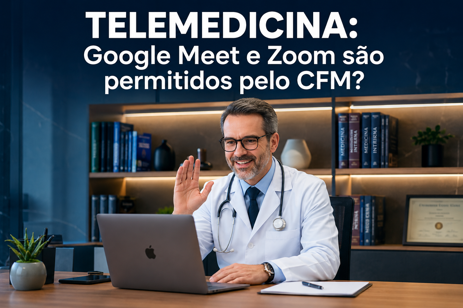 Médico atendendo paciente por telemedicina na tela do notebook, com interface de prontuário eletrônico integrada aberta ao lado.