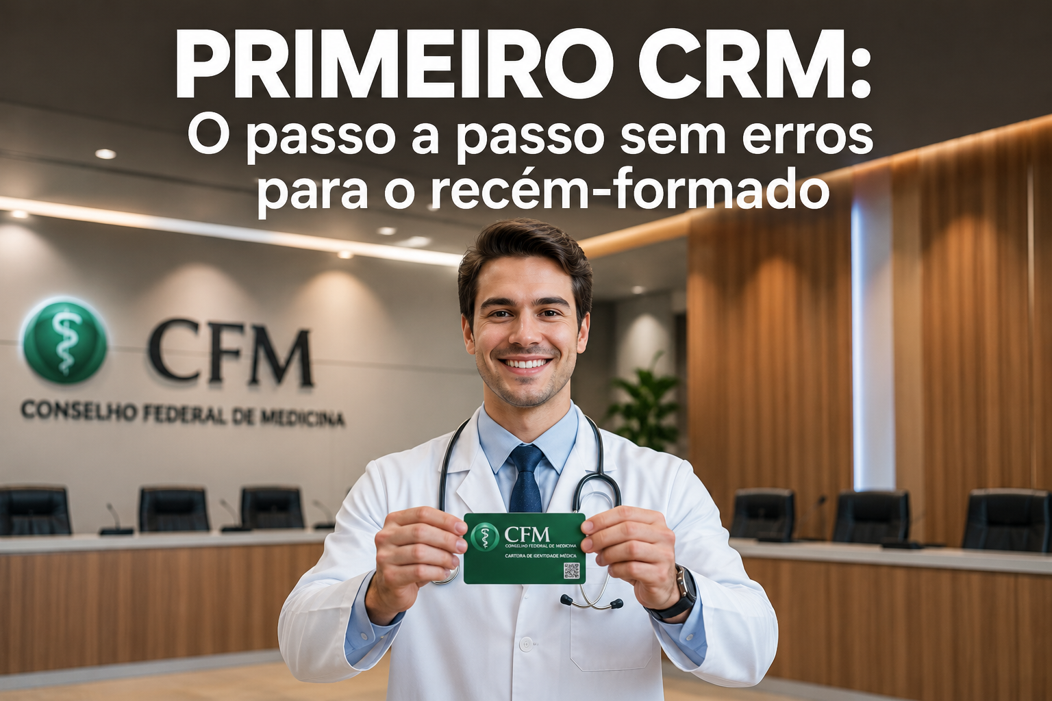 Médico recém-formado sorrindo ao segurar sua nova Carteira Profissional de Médico (CPM) em frente ao espelho do consultório.