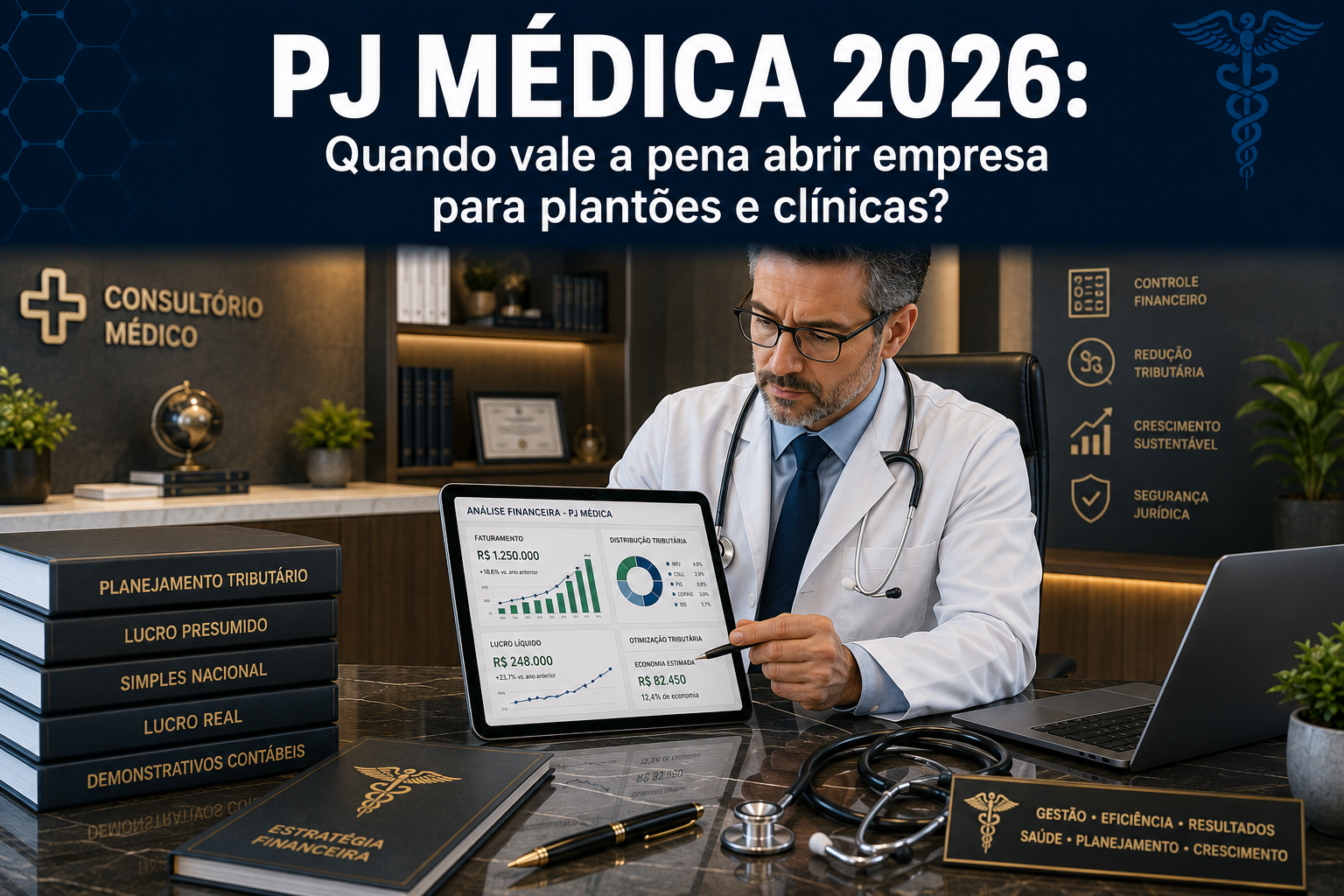 Médico analisando o balanço contábil e a redução de impostos de sua empresa médica em um tablet corporativo.