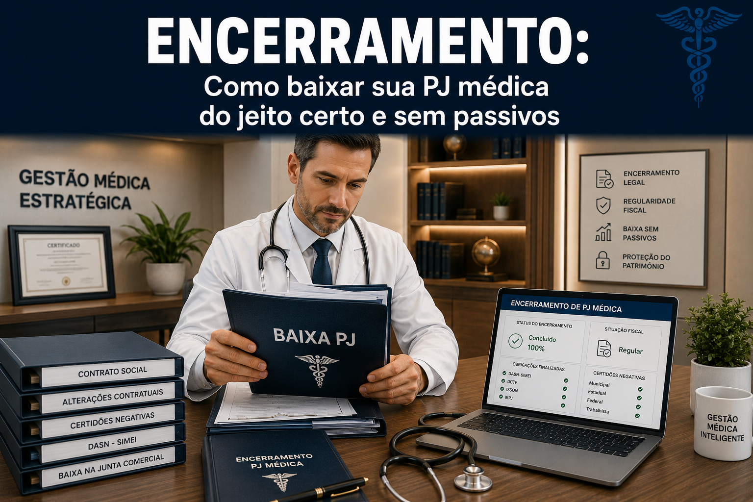 Médico revisando e organizando pastas de distrato social e certidões de baixa de sua antiga empresa médica sobre a mesa do escritório.