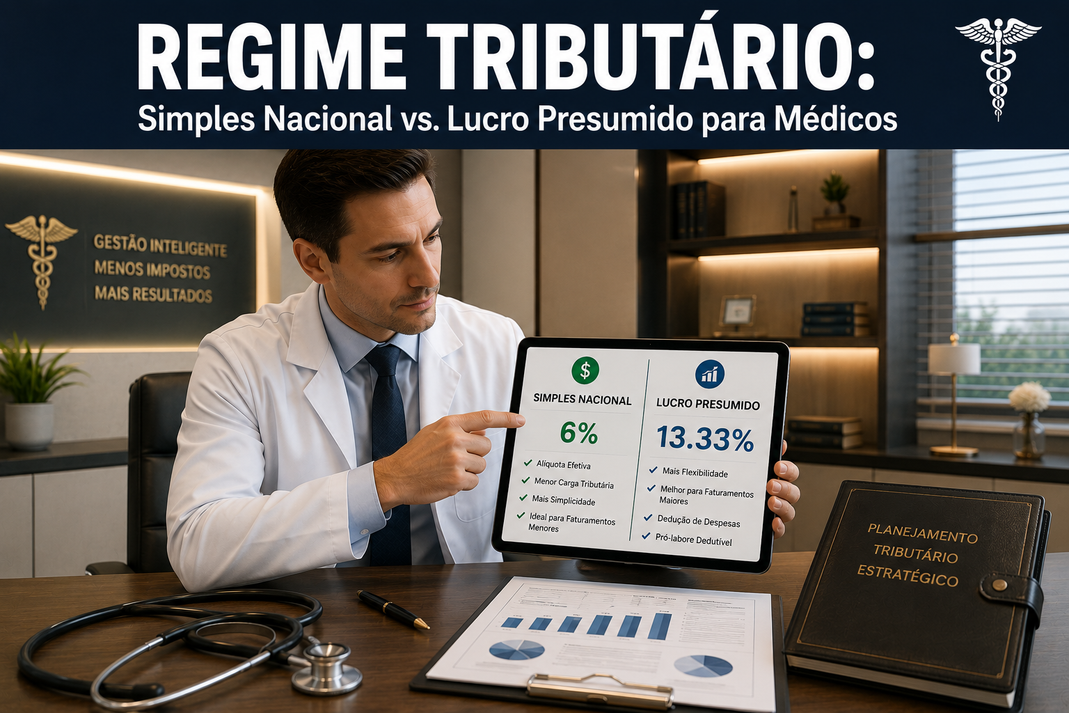 Médico comparando tabelas de impostos do Simples Nacional e do Lucro Presumido em uma tela de tablet corporativo no consultório.
