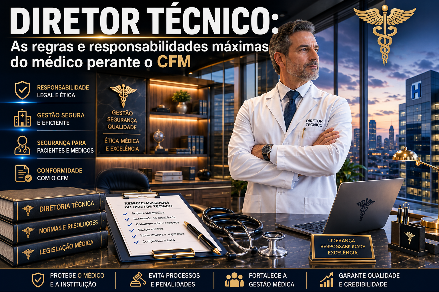 Médico em posição de liderança corporativa, de braços cruzados em seu escritório, simbolizando a responsabilidade de Diretor Técnico de uma instituição de saúde.