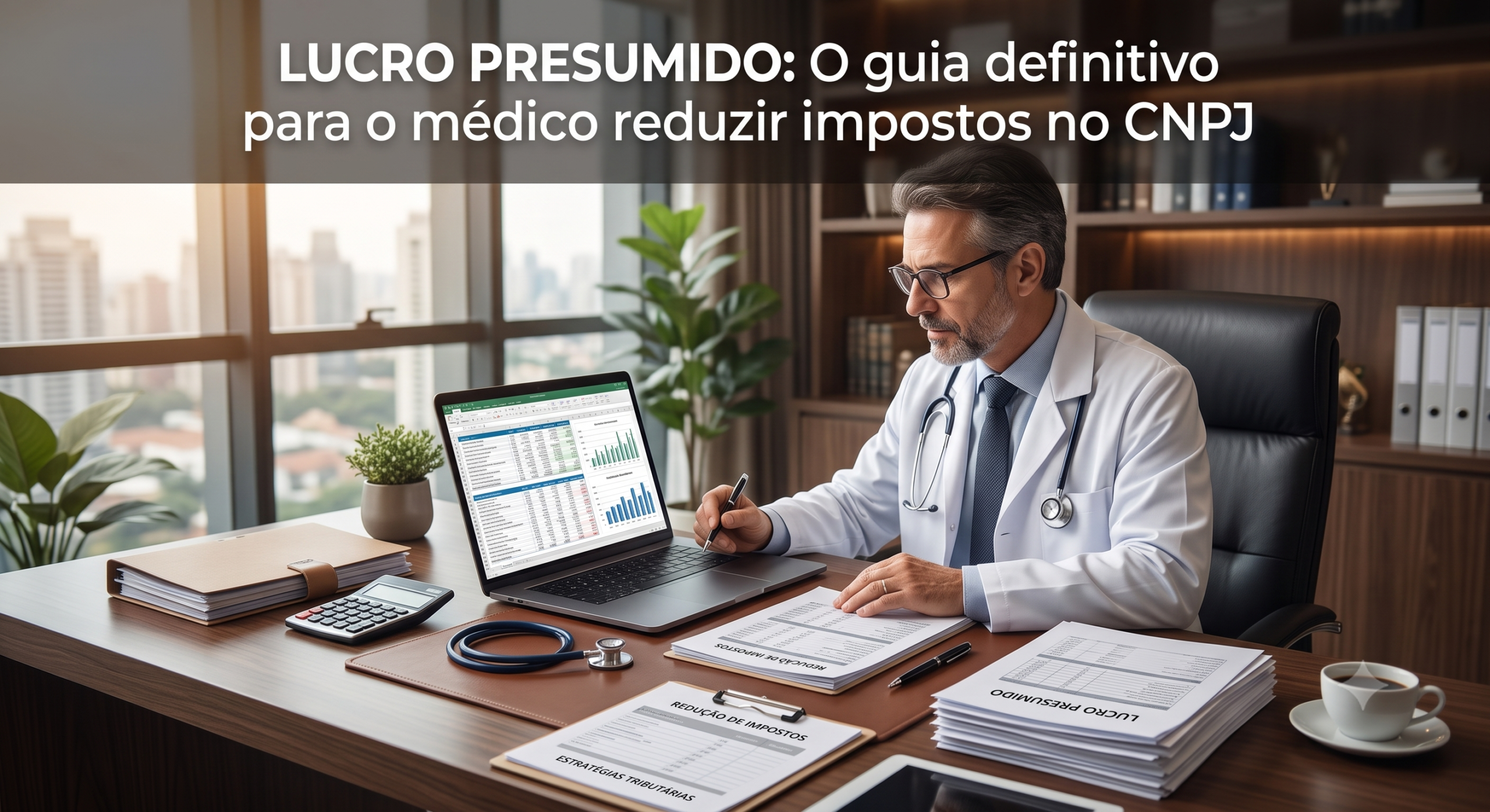 Médico em seu consultório analisando guias de impostos federais reduzidos e planejando a distribuição de lucros isenta no notebook.