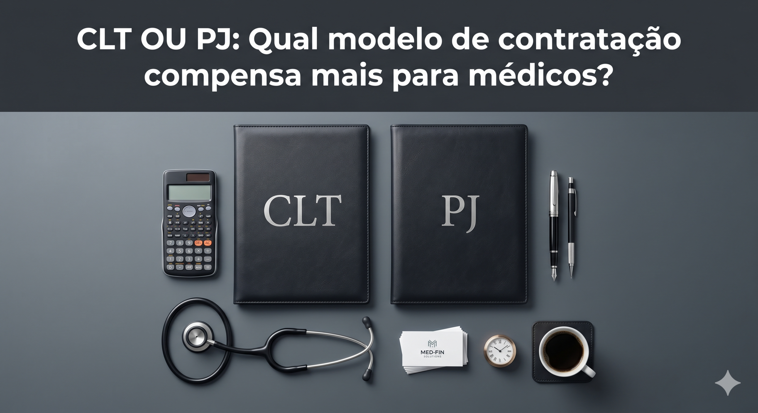 Médico analisando dois contratos de trabalho sobre a mesa, comparando as vantagens financeiras entre os modelos CLT e PJ.