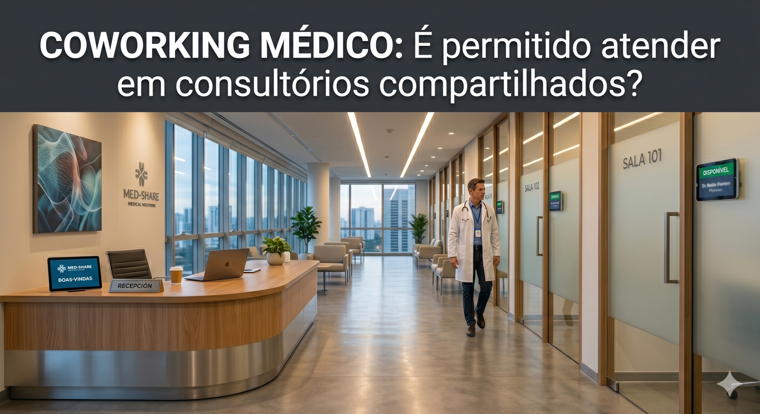 Médica com jaleco caminhando pela recepção moderna e compartilhada de um coworking de saúde de alto padrão.