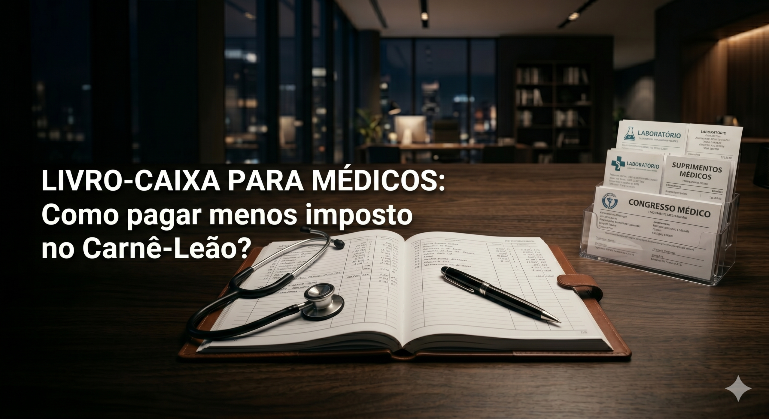Livro-caixa aberto sobre uma mesa de consultório com caneta, estetoscópio e recibos de despesas médicas organizados.