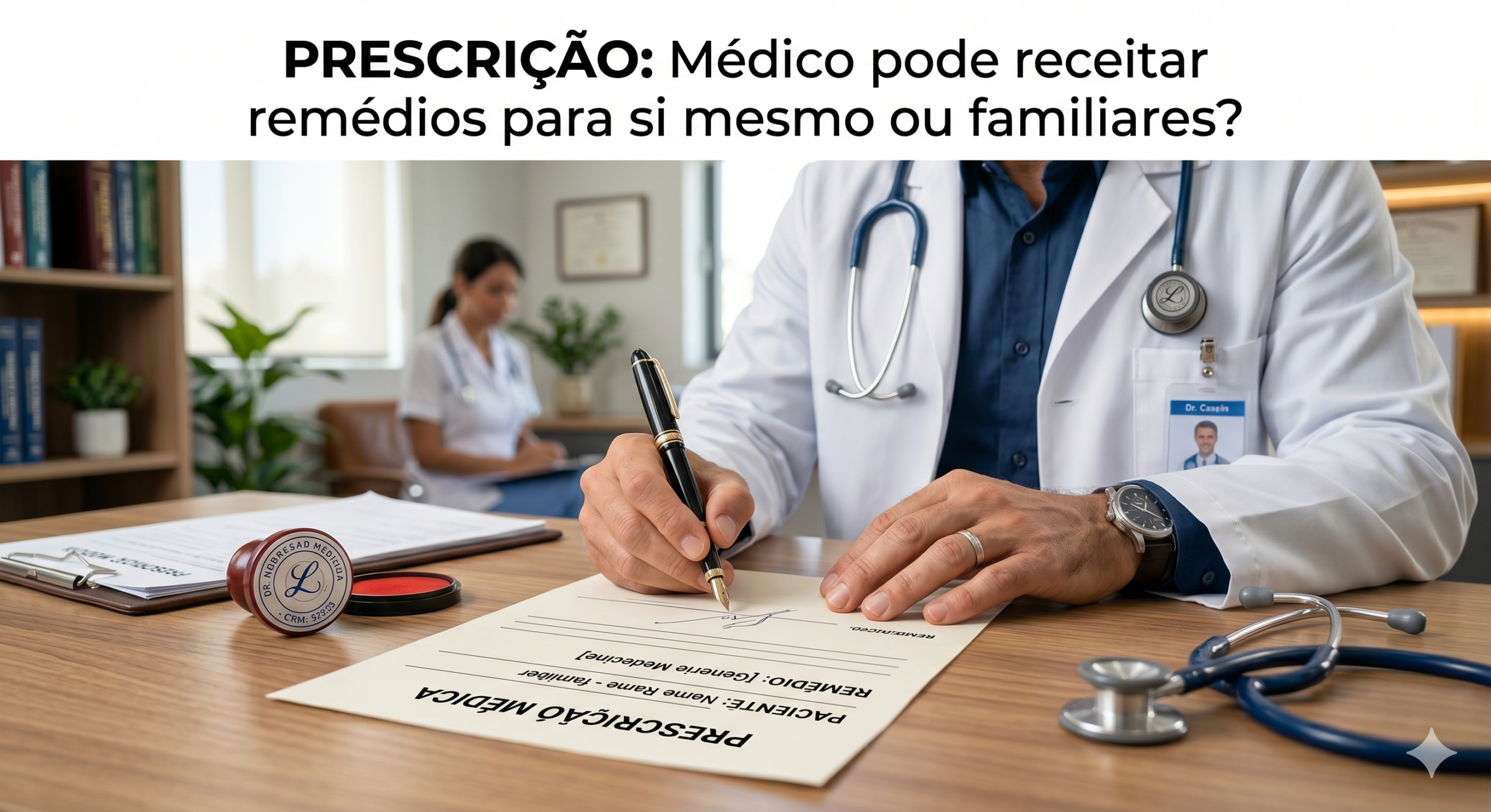 Médico no consultório assinando uma receita médica com seu carimbo e estetoscópio ao lado.