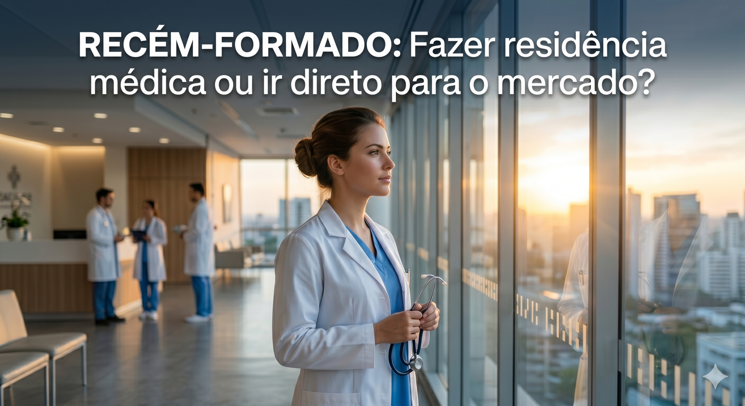 Médico jovem e recém-formado em corredor de hospital, segurando seu estetoscópio e refletindo sobre as escolhas de carreira entre residência e mercado.