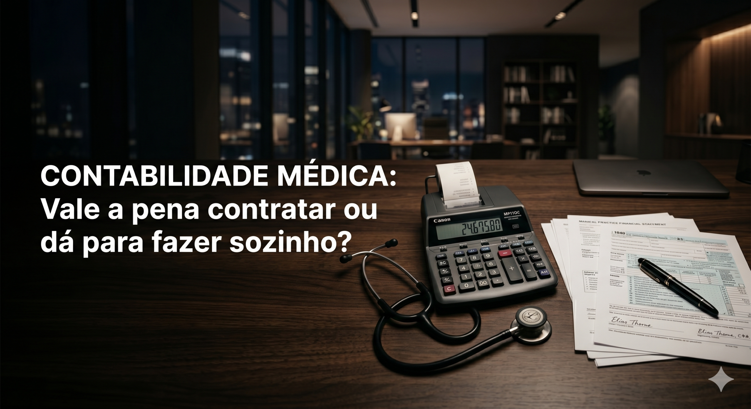 Calculadora moderna ao lado de um estetoscópio médico e documentos fiscais organizados sobre mesa de escritório escura.