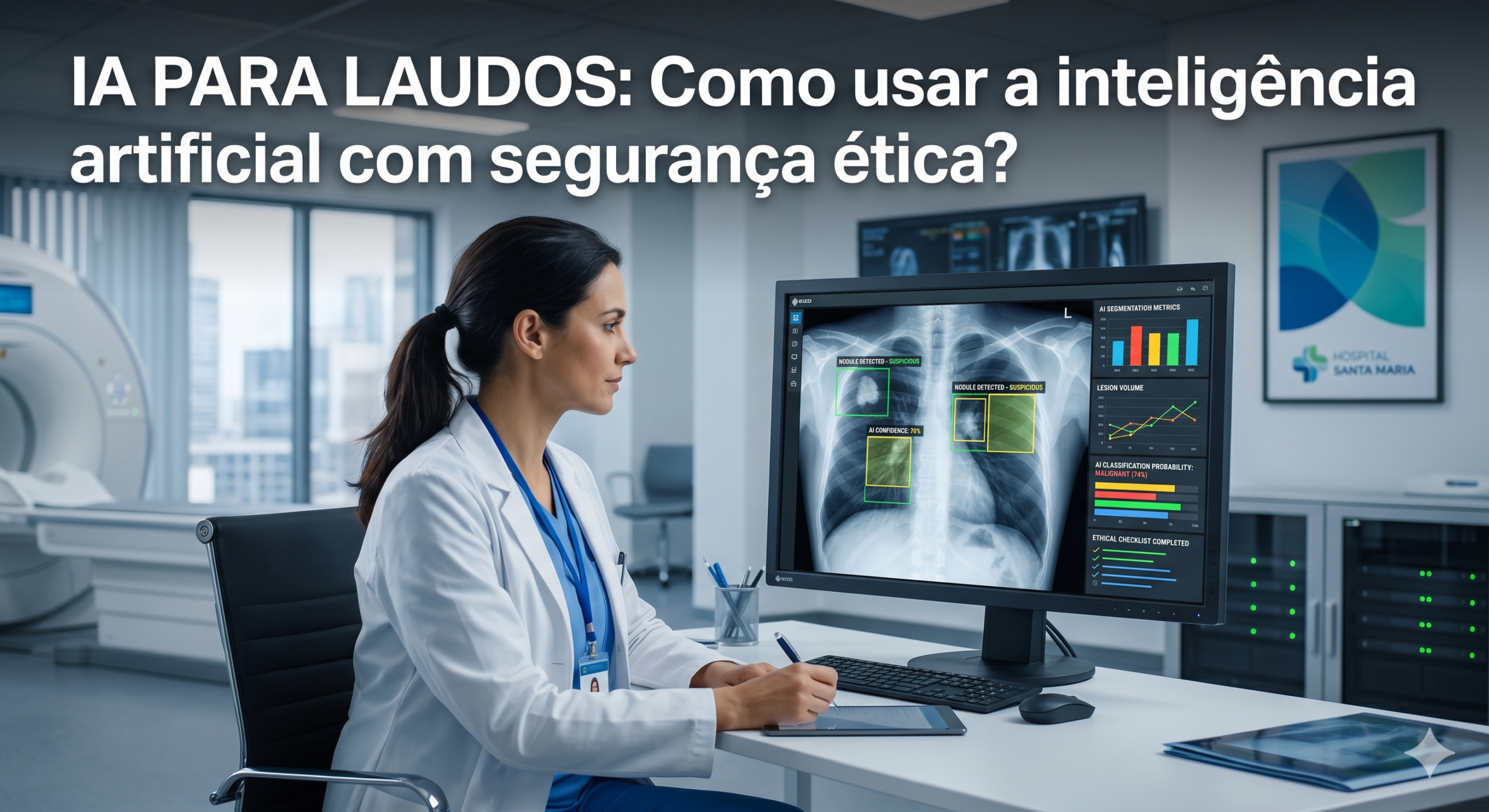 Médico radiologista analisando exame de imagem em monitor de alta resolução com gráficos e marcações de inteligência artificial.