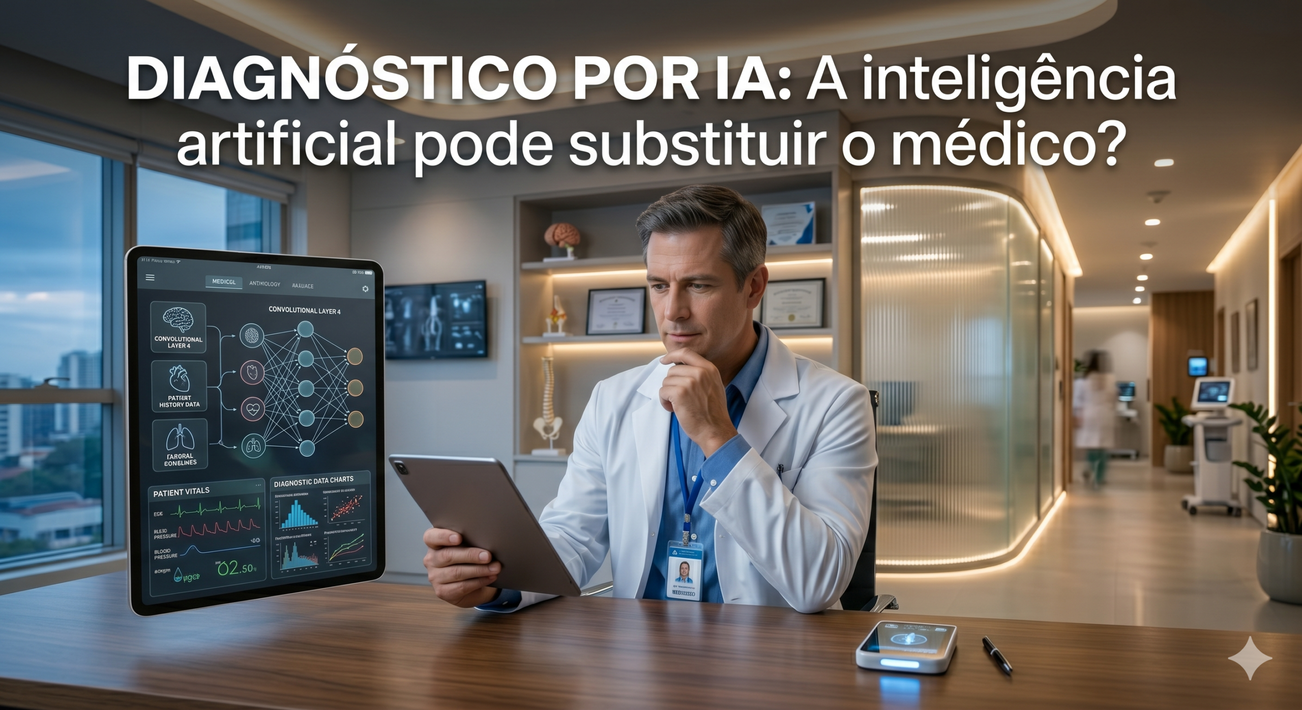 Médico em consulta analisando dados de diagnóstico comparativo gerados por inteligência artificial em um tablet de última geração.