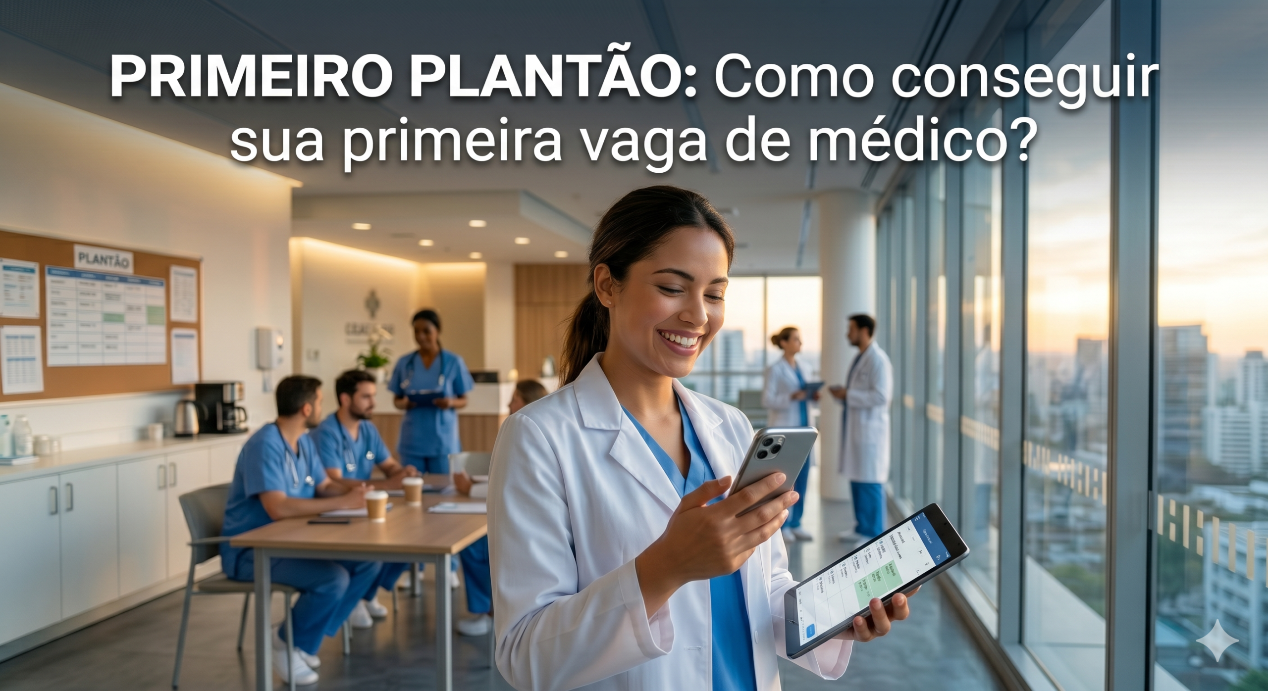 Médico jovem sorrindo no celular, comemorando a confirmação do seu primeiro plantão médico em um hospital.
